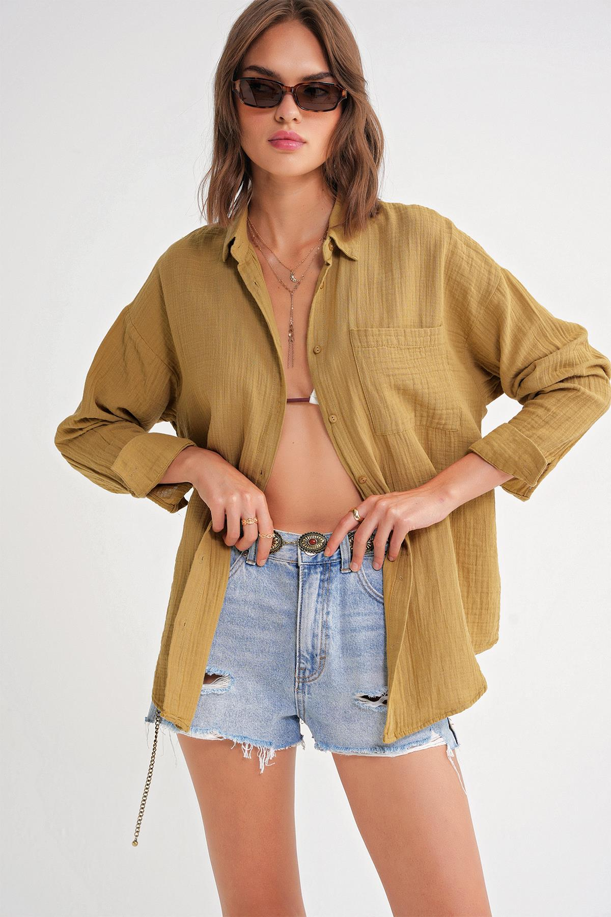 3833 Kadın Oversize Cepli Müslin Gömlek Yağ Yeşili