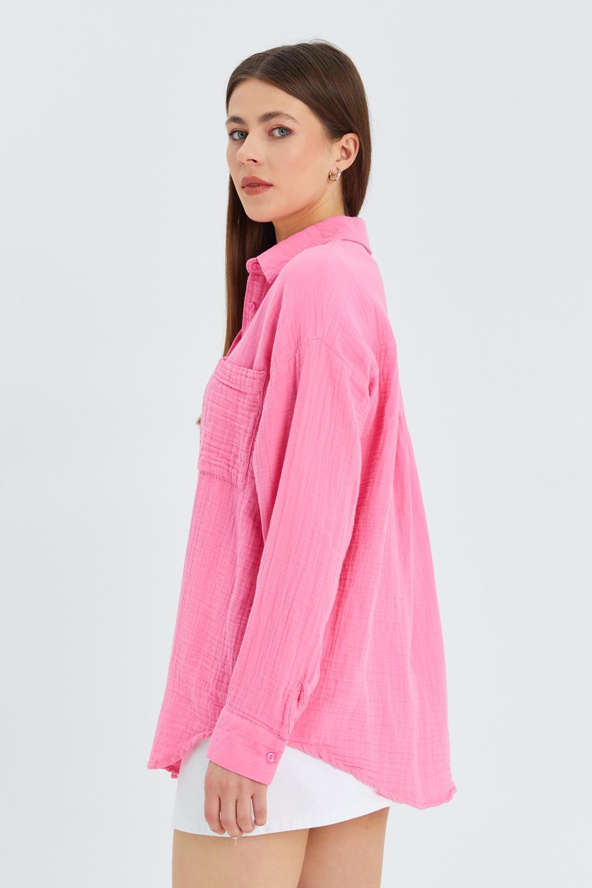 3833 Kadın Oversize Cepli Müslin Gömlek Pembe