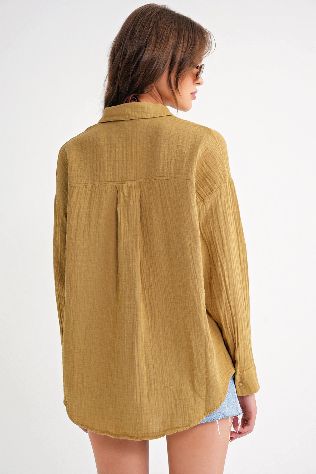 3833 Kadın Oversize Cepli Müslin Gömlek Yağ Yeşili