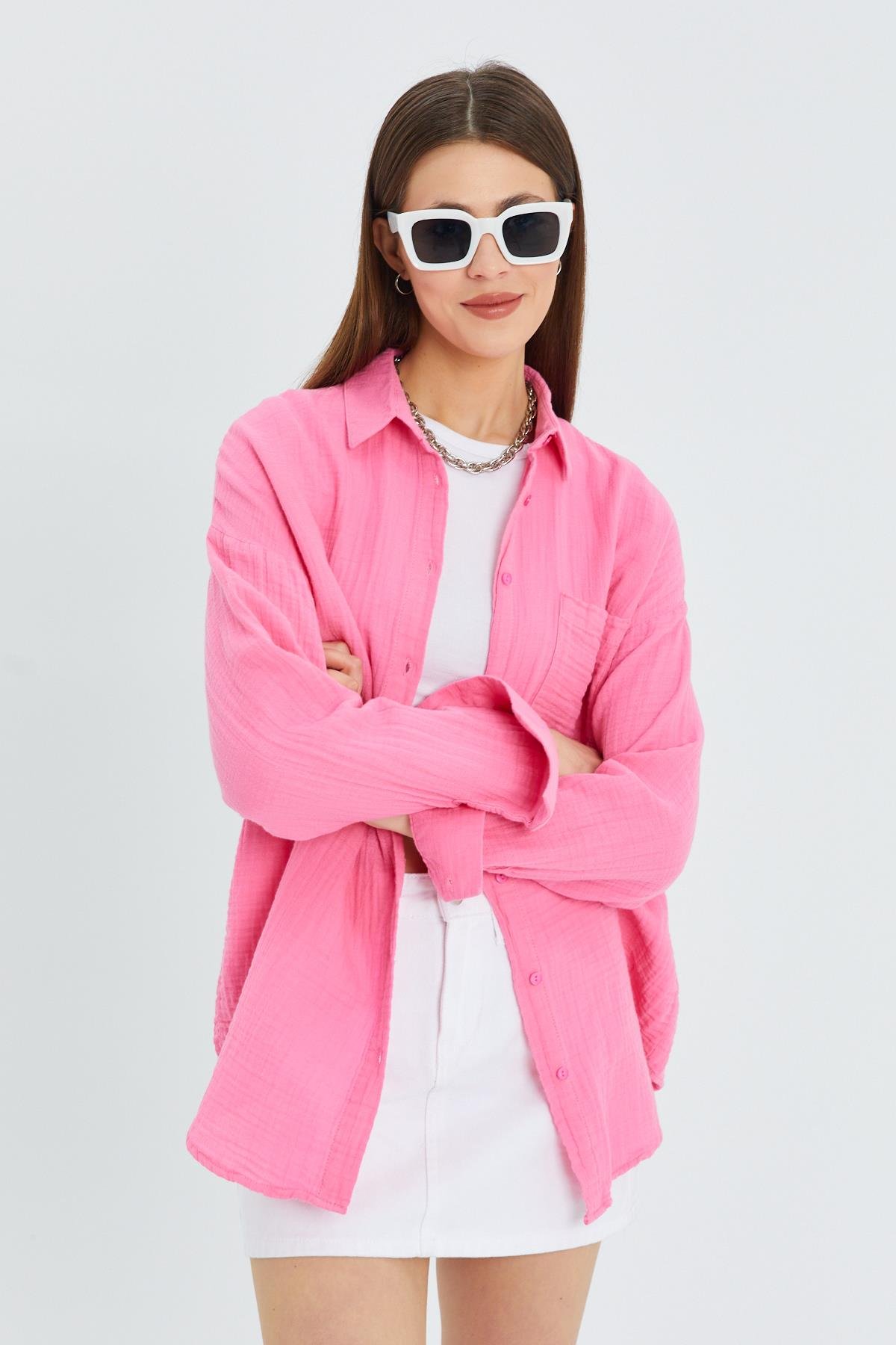 3833 Kadın Oversize Cepli Müslin Gömlek Pembe