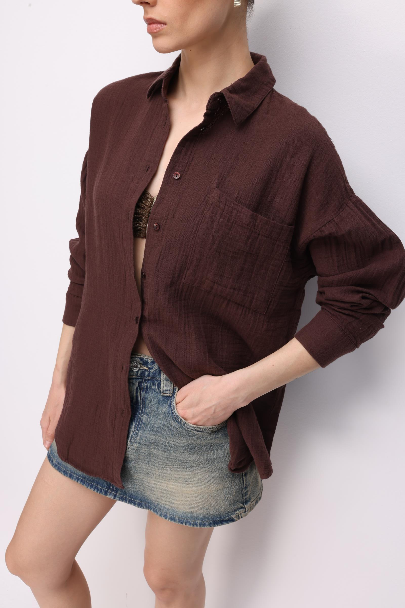 3833 Kadın Oversize Cepli Müslin Gömlek Kahve