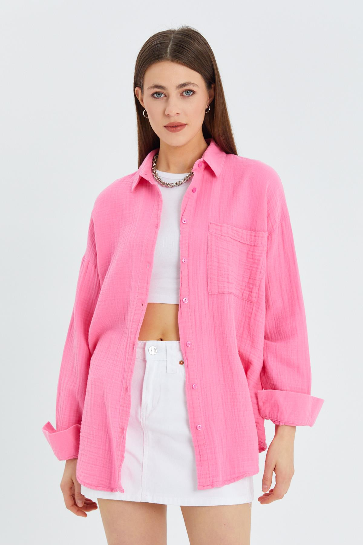 3833 Kadın Oversize Cepli Müslin Gömlek Pembe