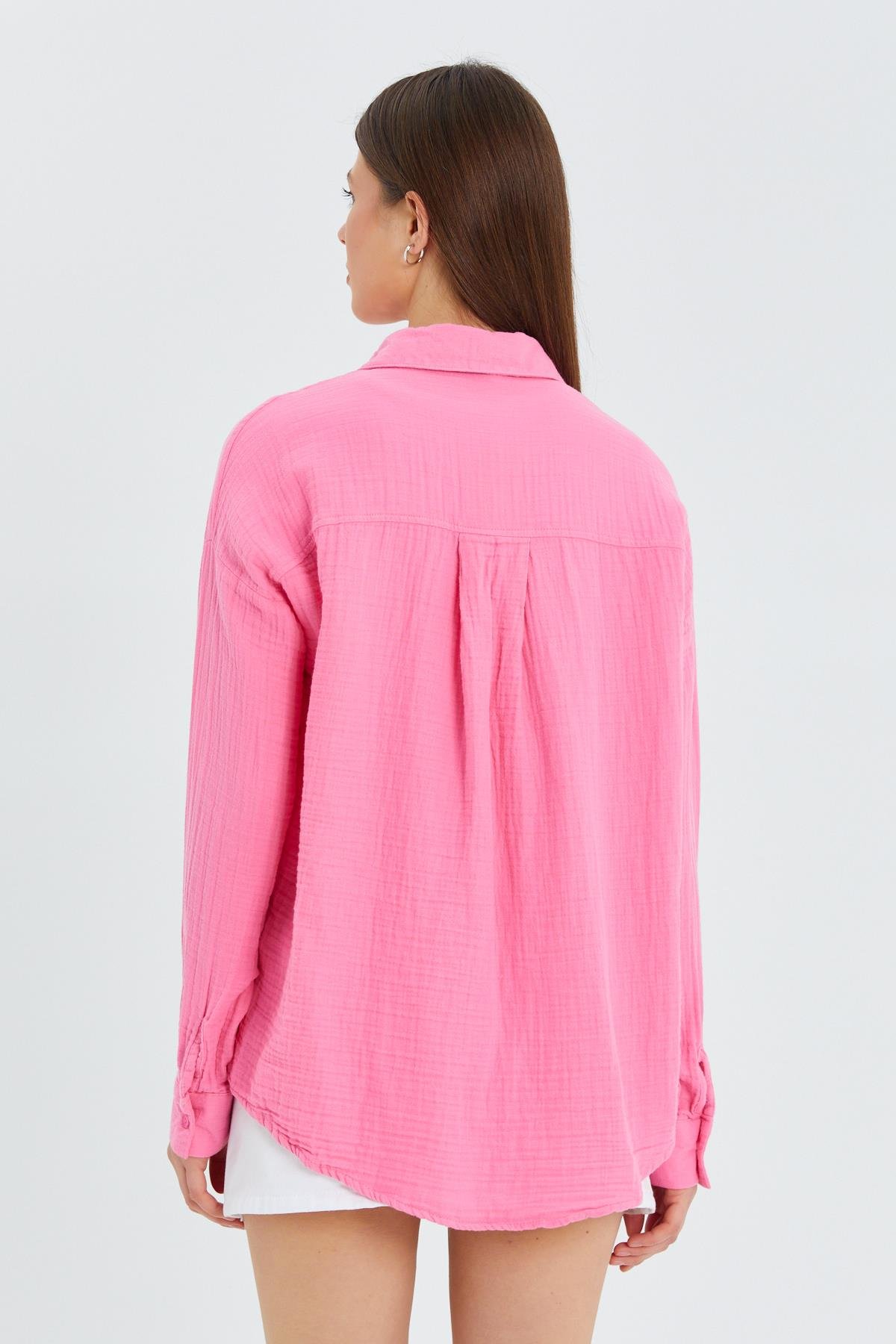 3833 Kadın Oversize Cepli Müslin Gömlek Pembe