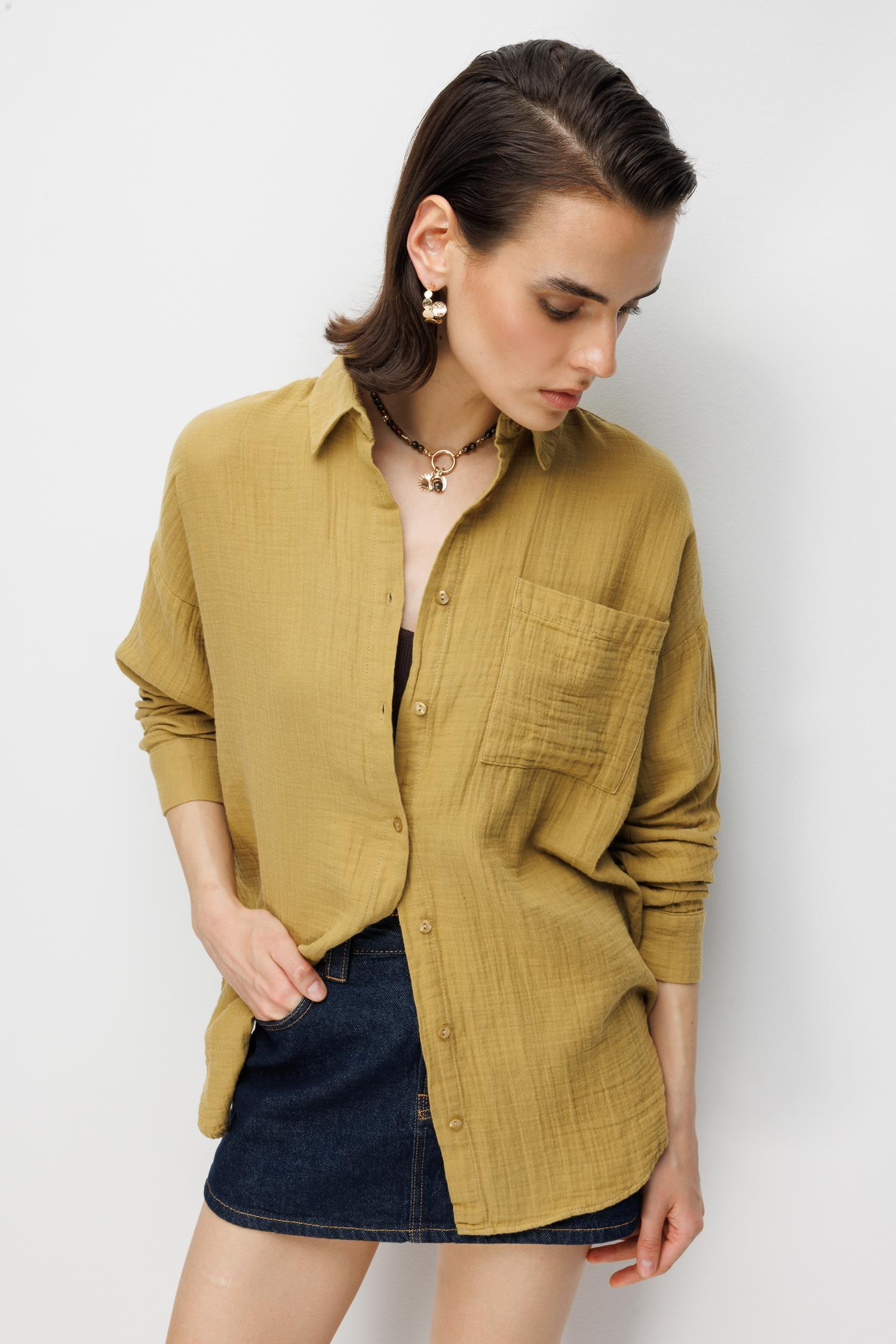 3833 Kadın Oversize Cepli Müslin Gömlek Yağ Yeşili