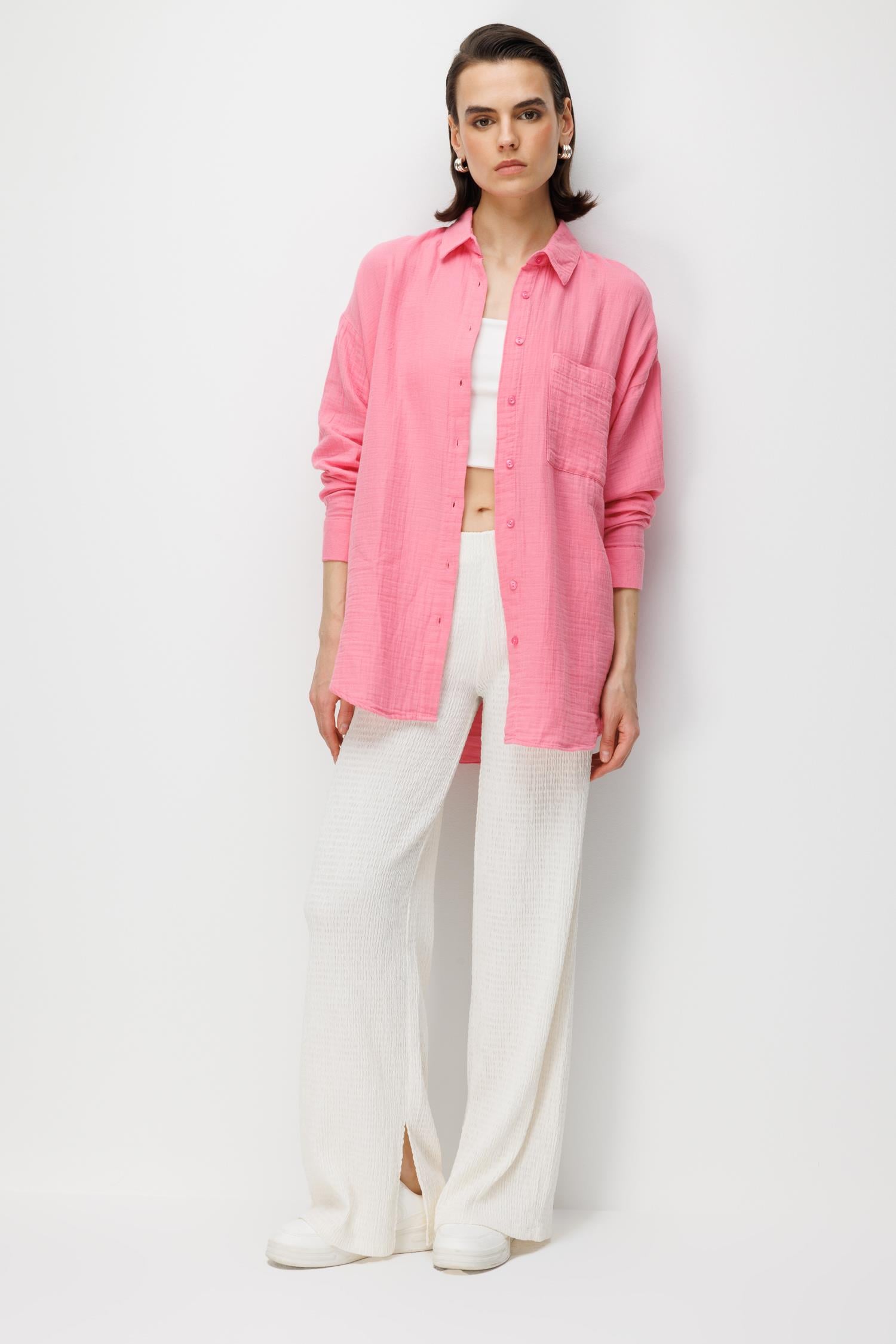 3833 Kadın Oversize Cepli Müslin Gömlek Pembe