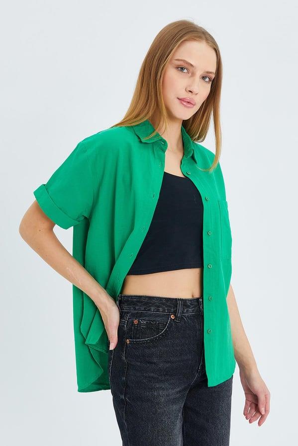 3950 Kadın Oxford Kısa Kollu Basic Gömlek Yeşil