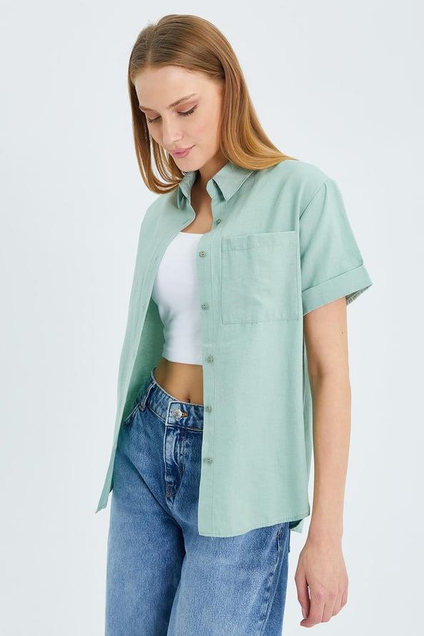 3950 Kadın Oxford Kısa Kollu Basic Gömlek Çağla