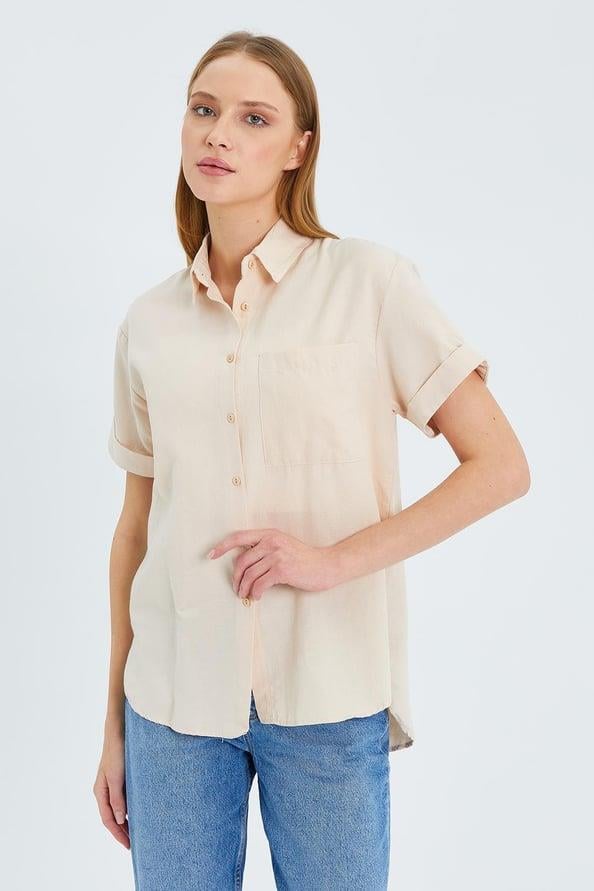 3950 Kadın Oxford Kısa Kollu Basic Gömlek Taş