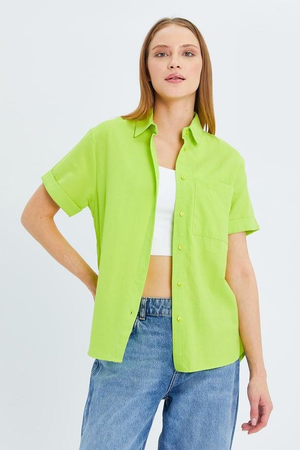 3950 Kadın Oxford Kısa Kollu Basic Gömlek Olive