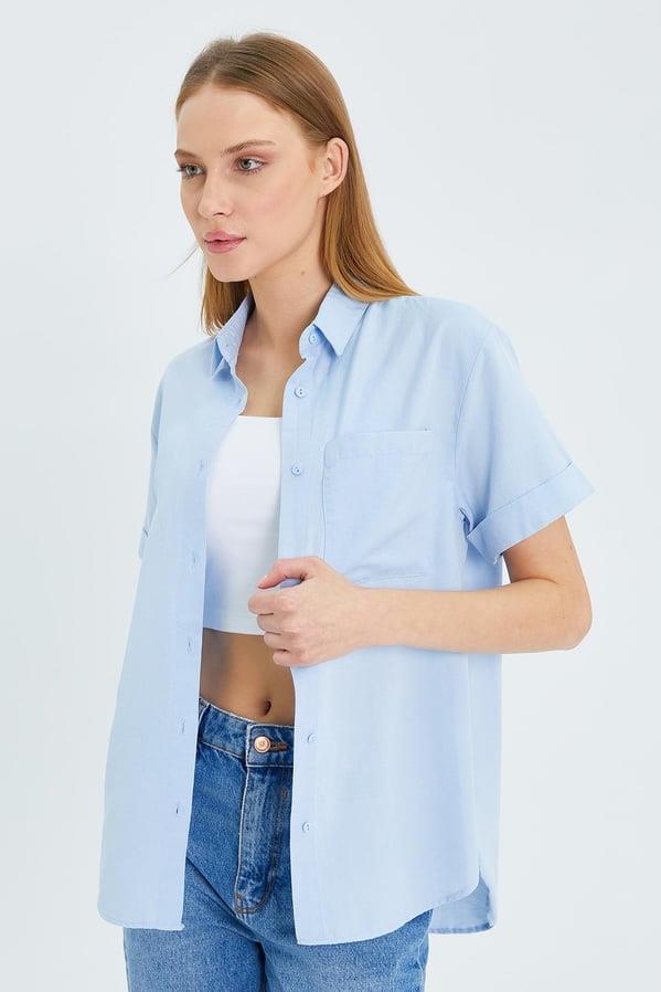 3950 Kadın Oxford Kısa Kollu Basic Gömlek Bebe Mavi