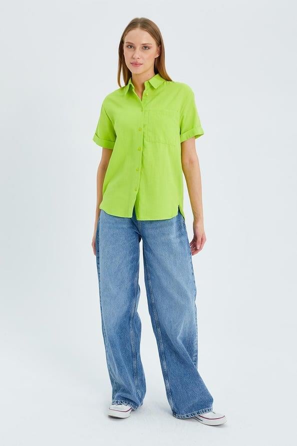 3950 Kadın Oxford Kısa Kollu Basic Gömlek Olive