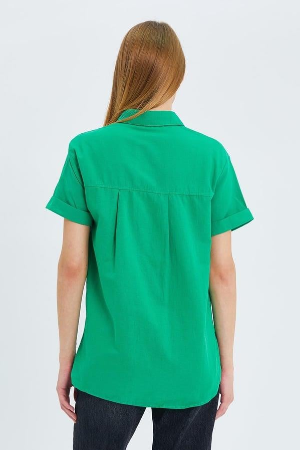 3950 Kadın Oxford Kısa Kollu Basic Gömlek Yeşil