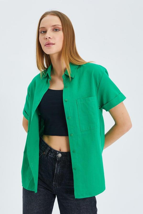 3950 Kadın Oxford Kısa Kollu Basic Gömlek Yeşil
