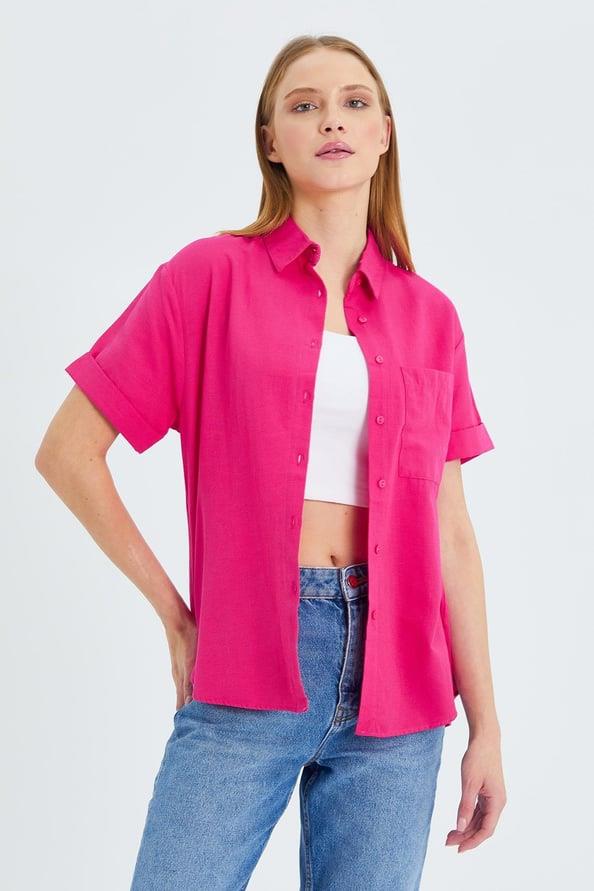3950 Kadın Oxford Kısa Kollu Basic Gömlek Fuşya