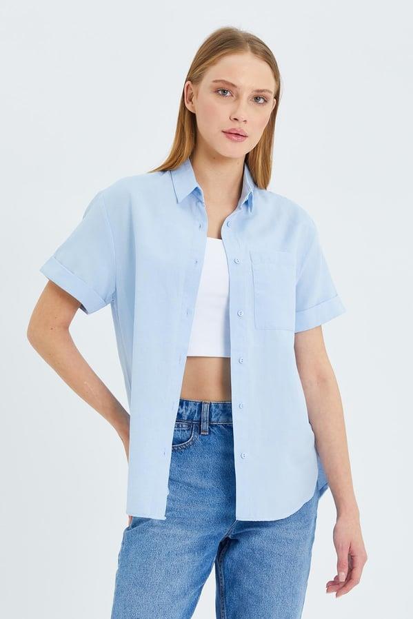3950 Kadın Oxford Kısa Kollu Basic Gömlek Bebe Mavi