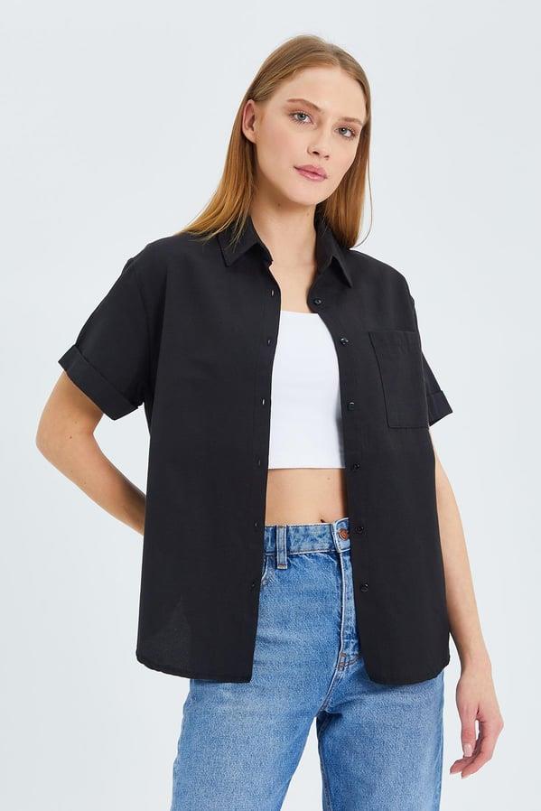 3950 Kadın Oxford Kısa Kollu Basic Gömlek Siyah