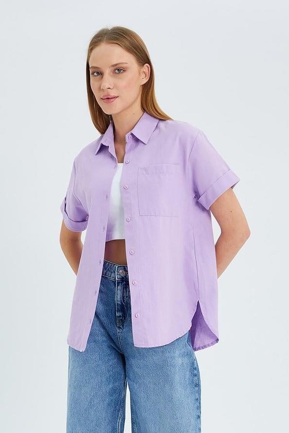 3950 Kadın Oxford Kısa Kollu Basic Gömlek Lila