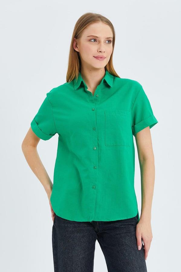 3950 Kadın Oxford Kısa Kollu Basic Gömlek Yeşil