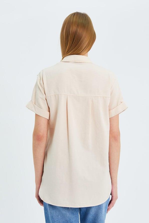 3950 Kadın Oxford Kısa Kollu Basic Gömlek Taş