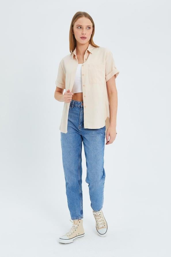 3950 Kadın Oxford Kısa Kollu Basic Gömlek Taş