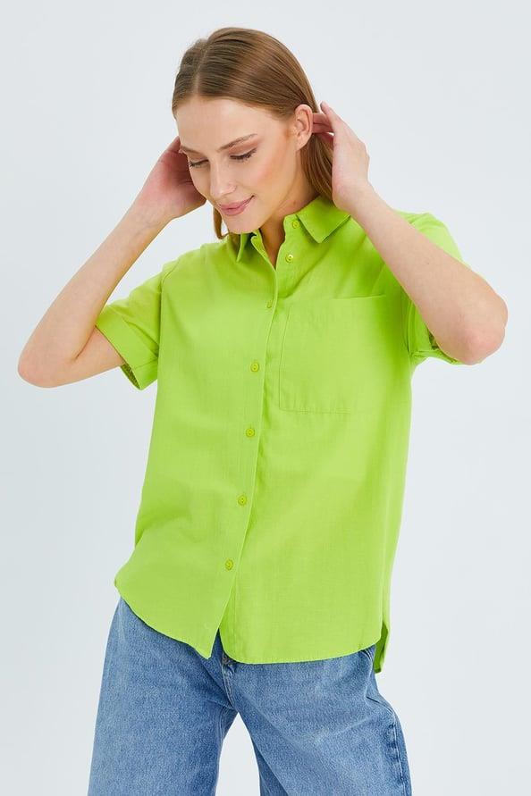 3950 Kadın Oxford Kısa Kollu Basic Gömlek Olive