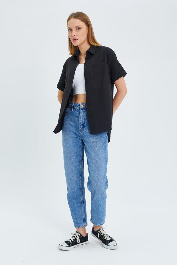 3950 Kadın Oxford Kısa Kollu Basic Gömlek Siyah