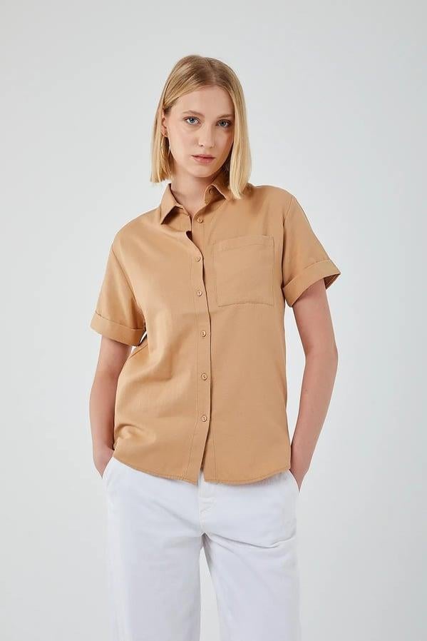 3950 Kadın Oxford Kısa Kollu Basic Gömlek Vizon