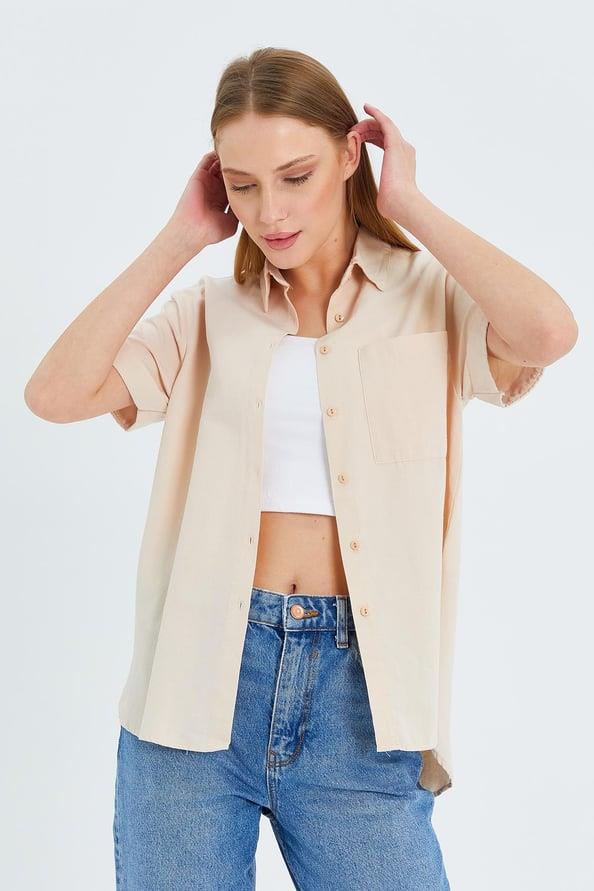 3950 Kadın Oxford Kısa Kollu Basic Gömlek Taş