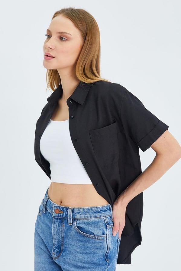 3950 Kadın Oxford Kısa Kollu Basic Gömlek Siyah