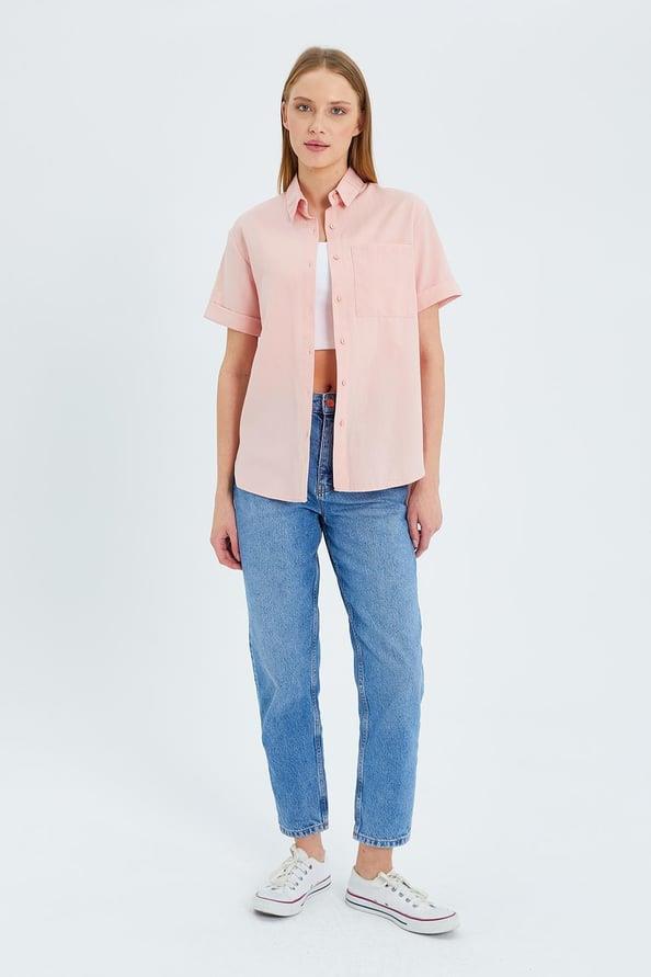 3950 Kadın Oxford Kısa Kollu Basic Gömlek Pudra