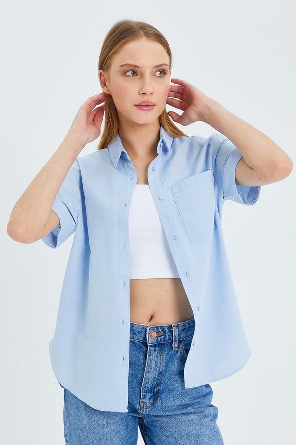 3950 Kadın Oxford Kısa Kollu Basic Gömlek Bebe Mavi