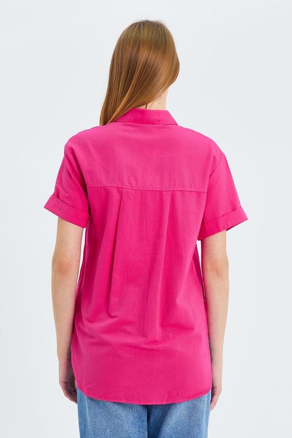 3950 Kadın Oxford Kısa Kollu Basic Gömlek Fuşya
