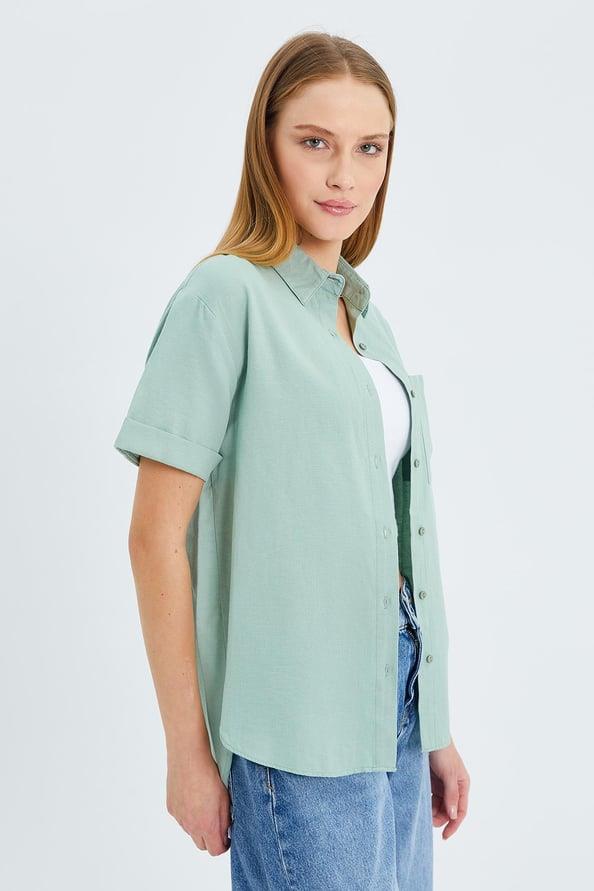 3950 Kadın Oxford Kısa Kollu Basic Gömlek Çağla