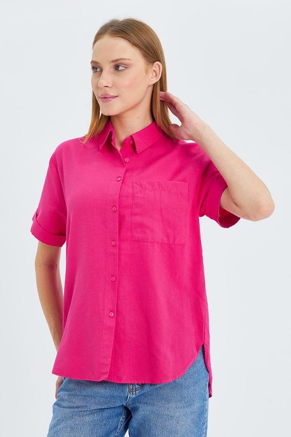 3950 Kadın Oxford Kısa Kollu Basic Gömlek Fuşya