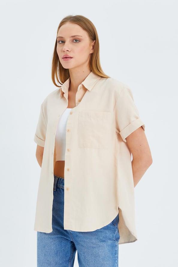 3950 Kadın Oxford Kısa Kollu Basic Gömlek Taş