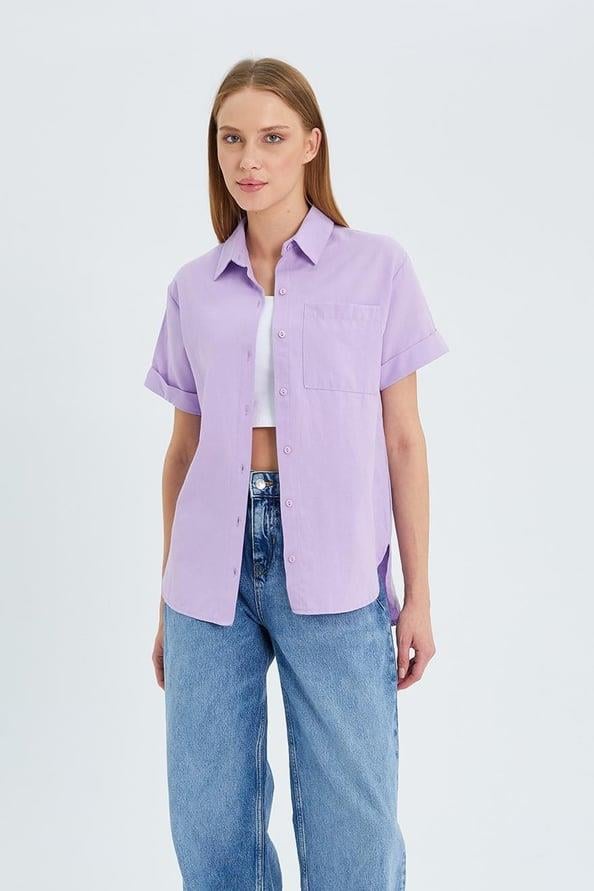 3950 Kadın Oxford Kısa Kollu Basic Gömlek Lila