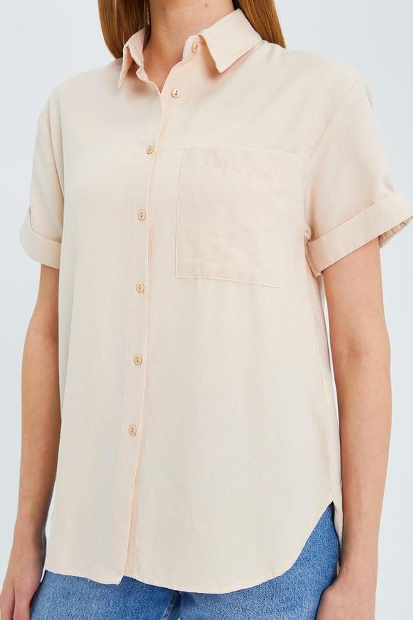 3950 Kadın Oxford Kısa Kollu Basic Gömlek Taş