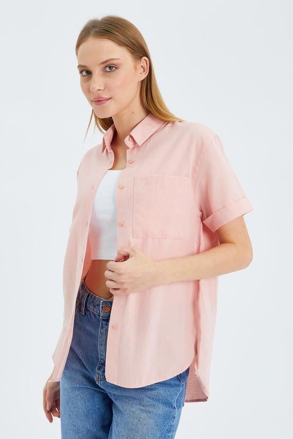 3950 Kadın Oxford Kısa Kollu Basic Gömlek Pudra