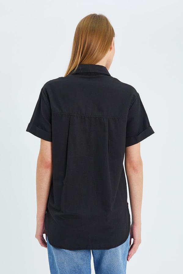 3950 Kadın Oxford Kısa Kollu Basic Gömlek Siyah