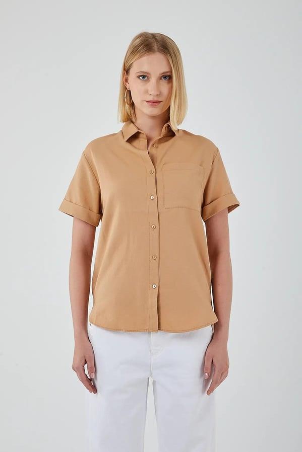 3950 Kadın Oxford Kısa Kollu Basic Gömlek Vizon