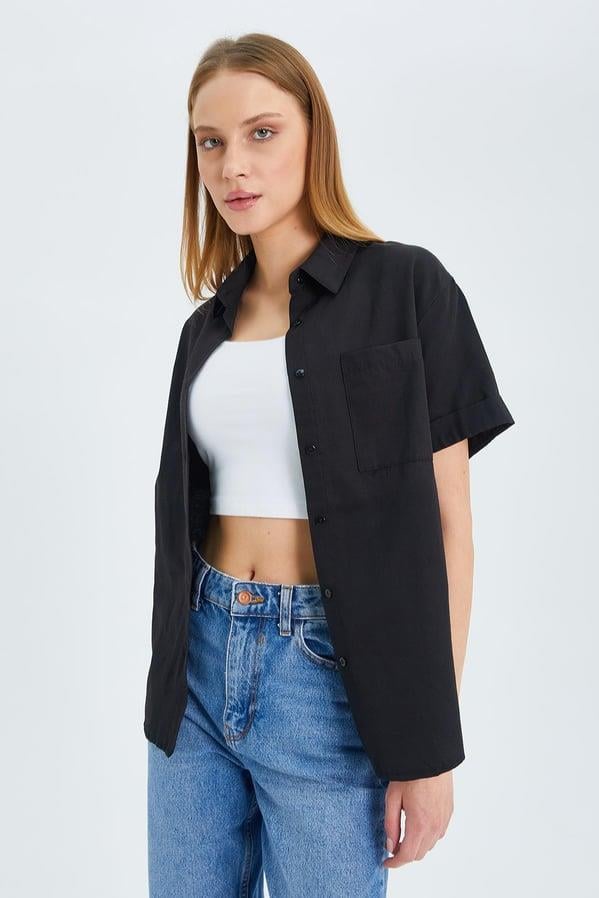 3950 Kadın Oxford Kısa Kollu Basic Gömlek Siyah