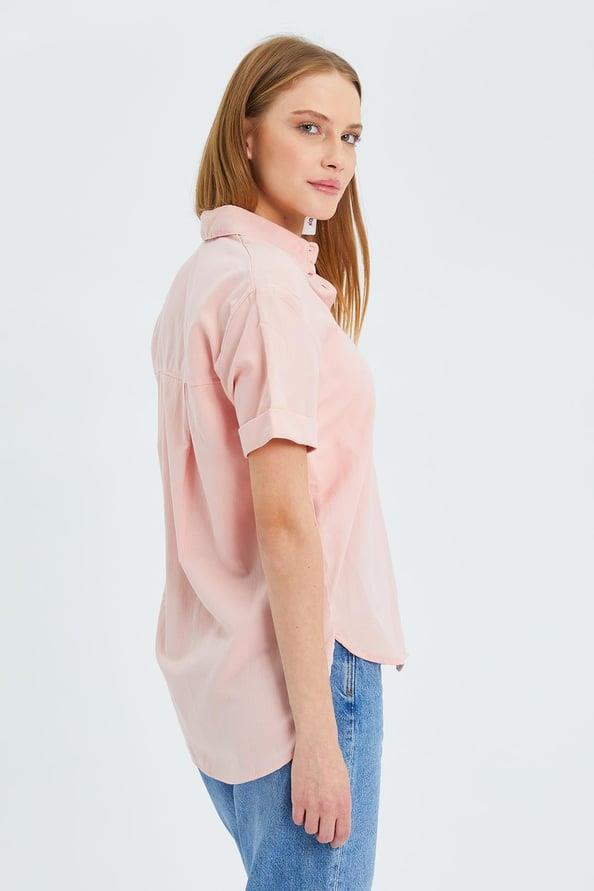 3950 Kadın Oxford Kısa Kollu Basic Gömlek Pudra
