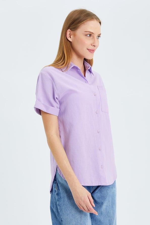 3950 Kadın Oxford Kısa Kollu Basic Gömlek Lila