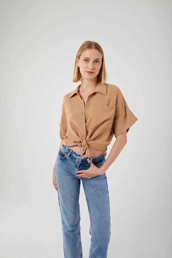 3960 Kadın Robalı Cepli Gömlek Vizon