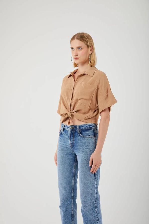 3960 Kadın Robalı Cepli Gömlek Vizon