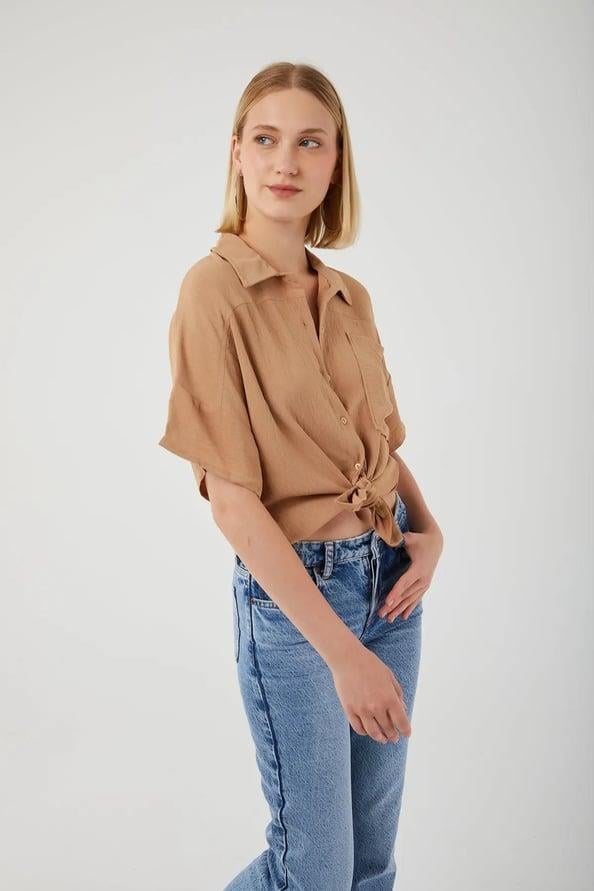 3960 Kadın Robalı Cepli Gömlek Vizon