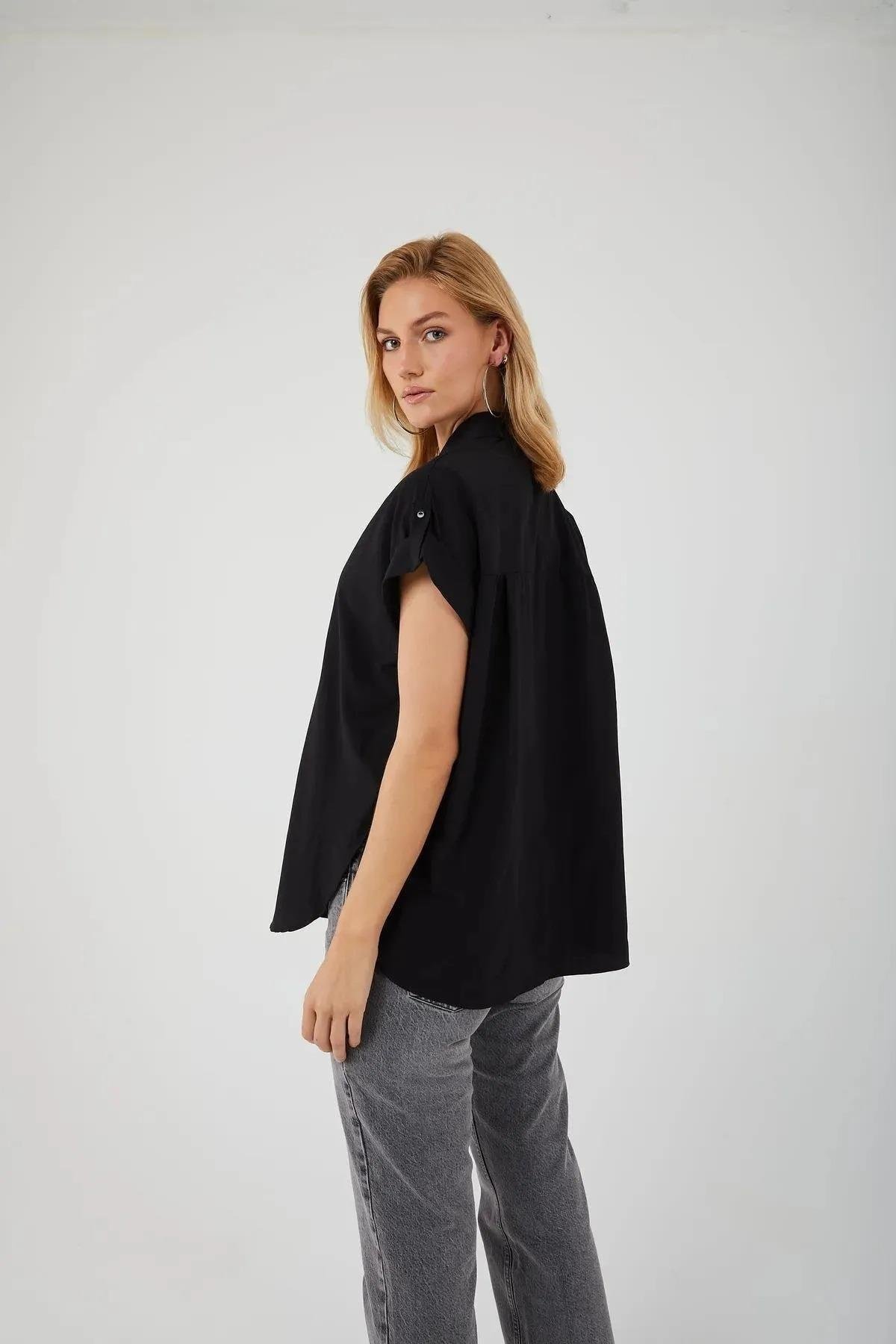 3967 Kadın Apoletli Kısa Kol Oversize Gömlek Siyah