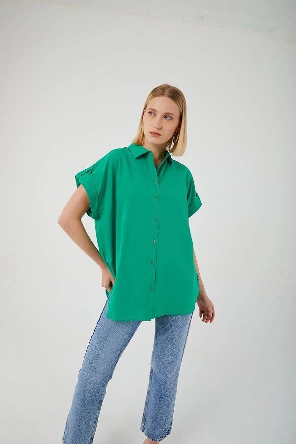 3967 Kadın Apoletli Kısa Kol Oversize Gömlek Yeşil
