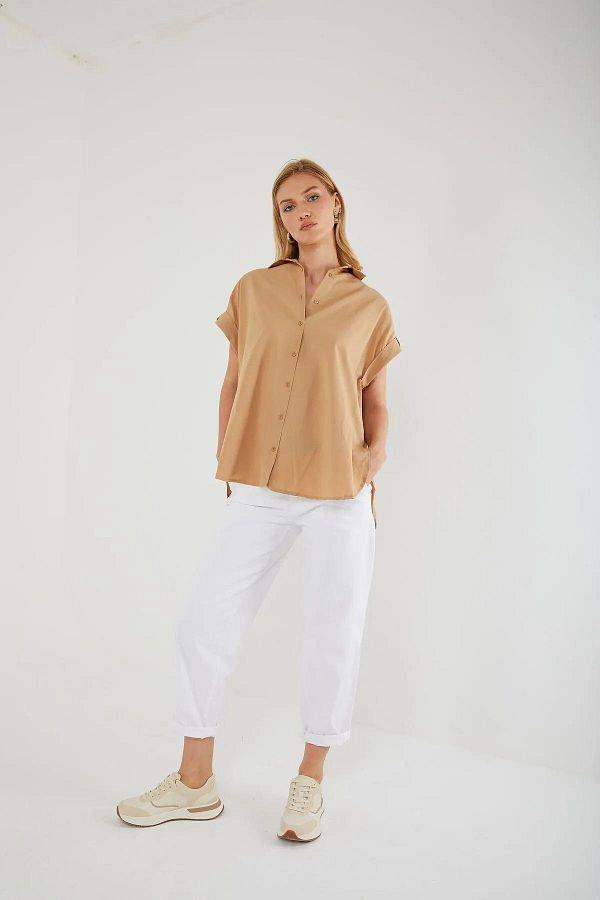 3967 Kadın Apoletli Kısa Kol Oversize Gömlek Vizon