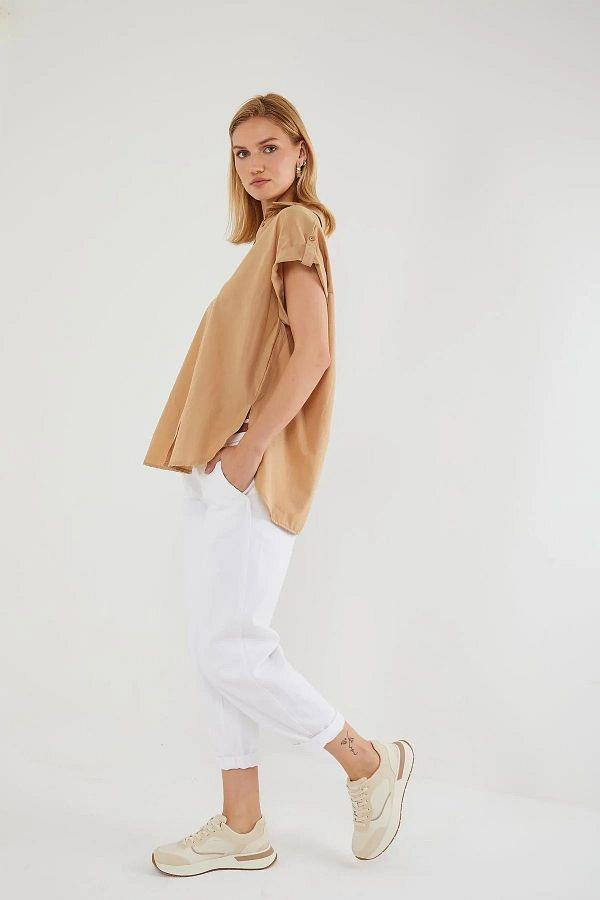 3967 Kadın Apoletli Kısa Kol Oversize Gömlek Vizon